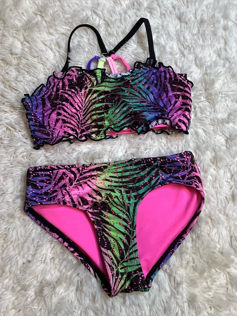 Justice Girls Size XS 5/6 Black & Neon Pink Tropical Bikini Set